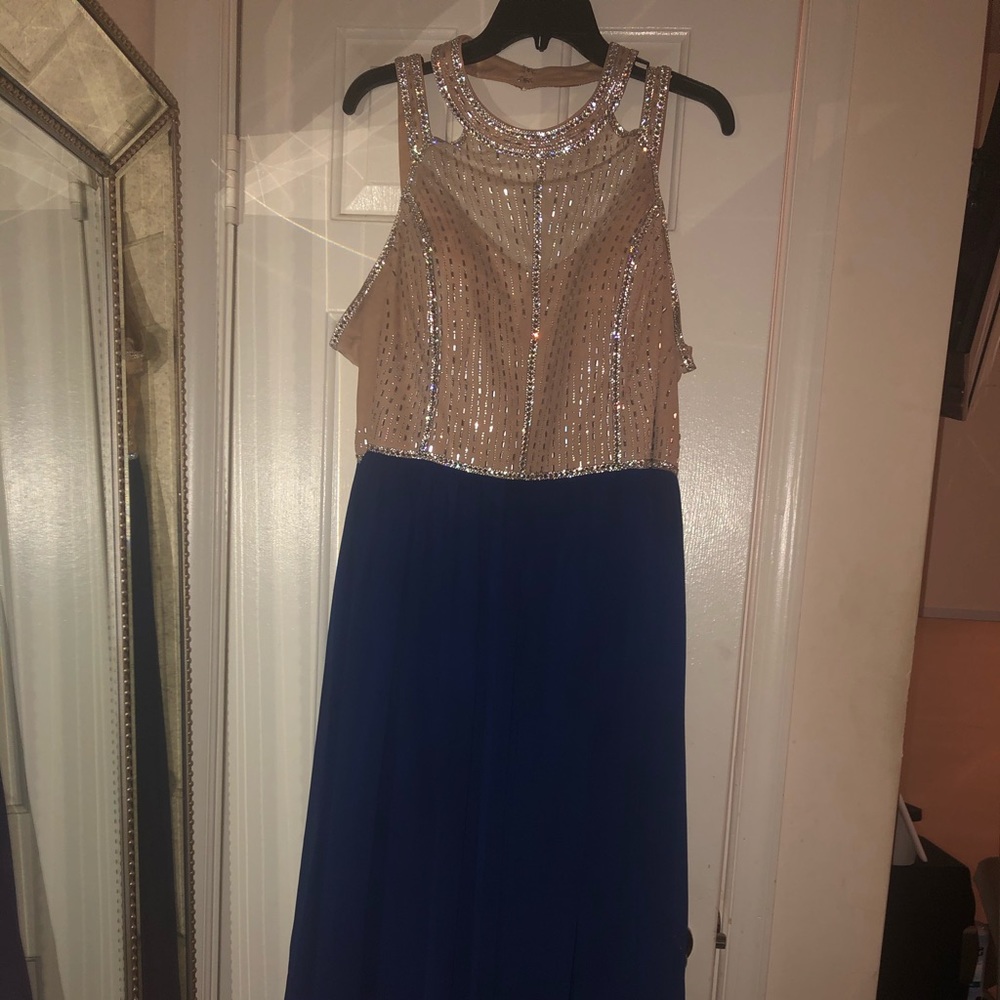 Beige and royal blue prom dress